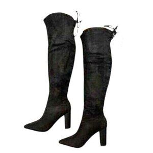 Black Over-The-Knee Suede Boots Women Size 5.5 Lace-Up  Fashion 3.5 In Heels NEW